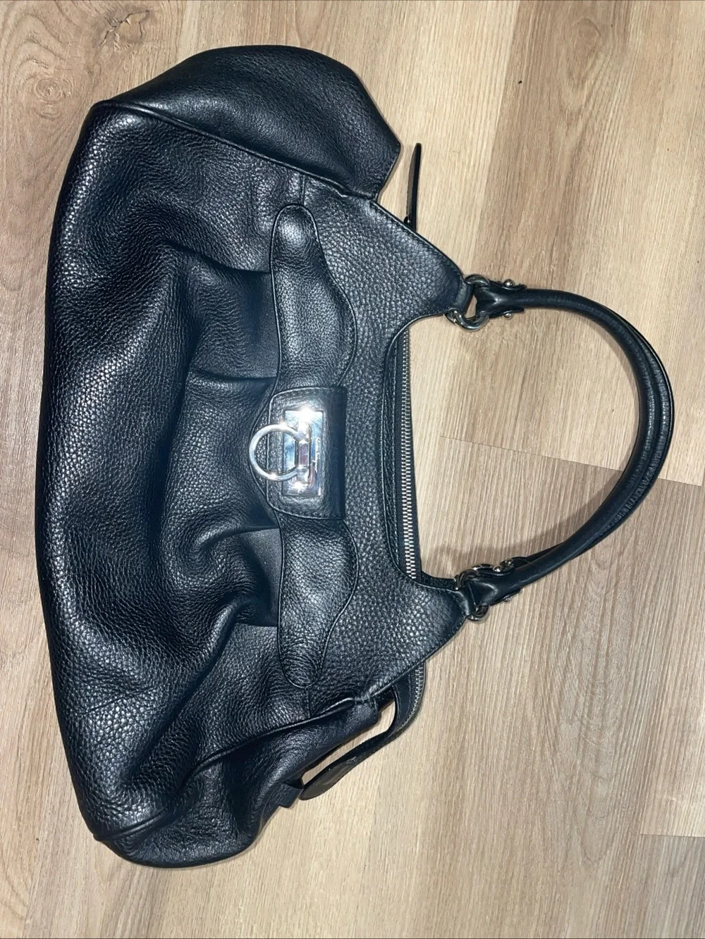 Salvatore Ferragamo Gancini Pebbled Leather Black Top Handle Handbag Authentic